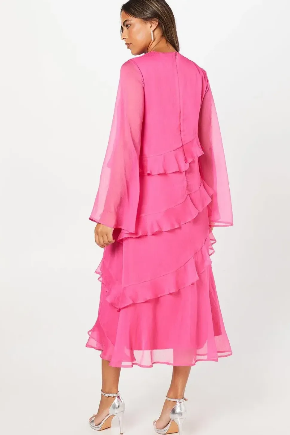 Long Sleeve Ruffle Chiffon Midi Wedding Guest Dress
