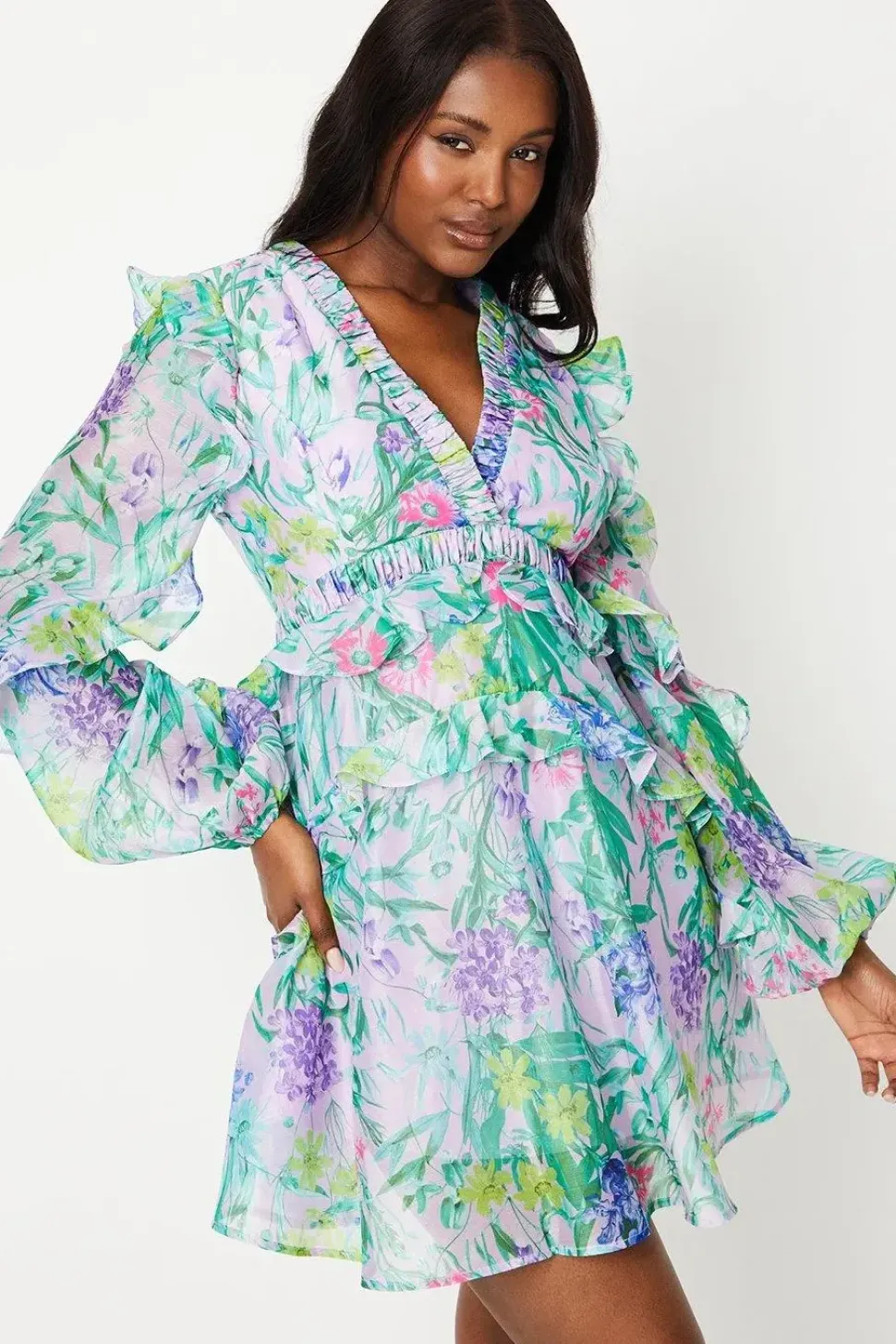 Long Sleeve Ruffle Detail Mini Dress