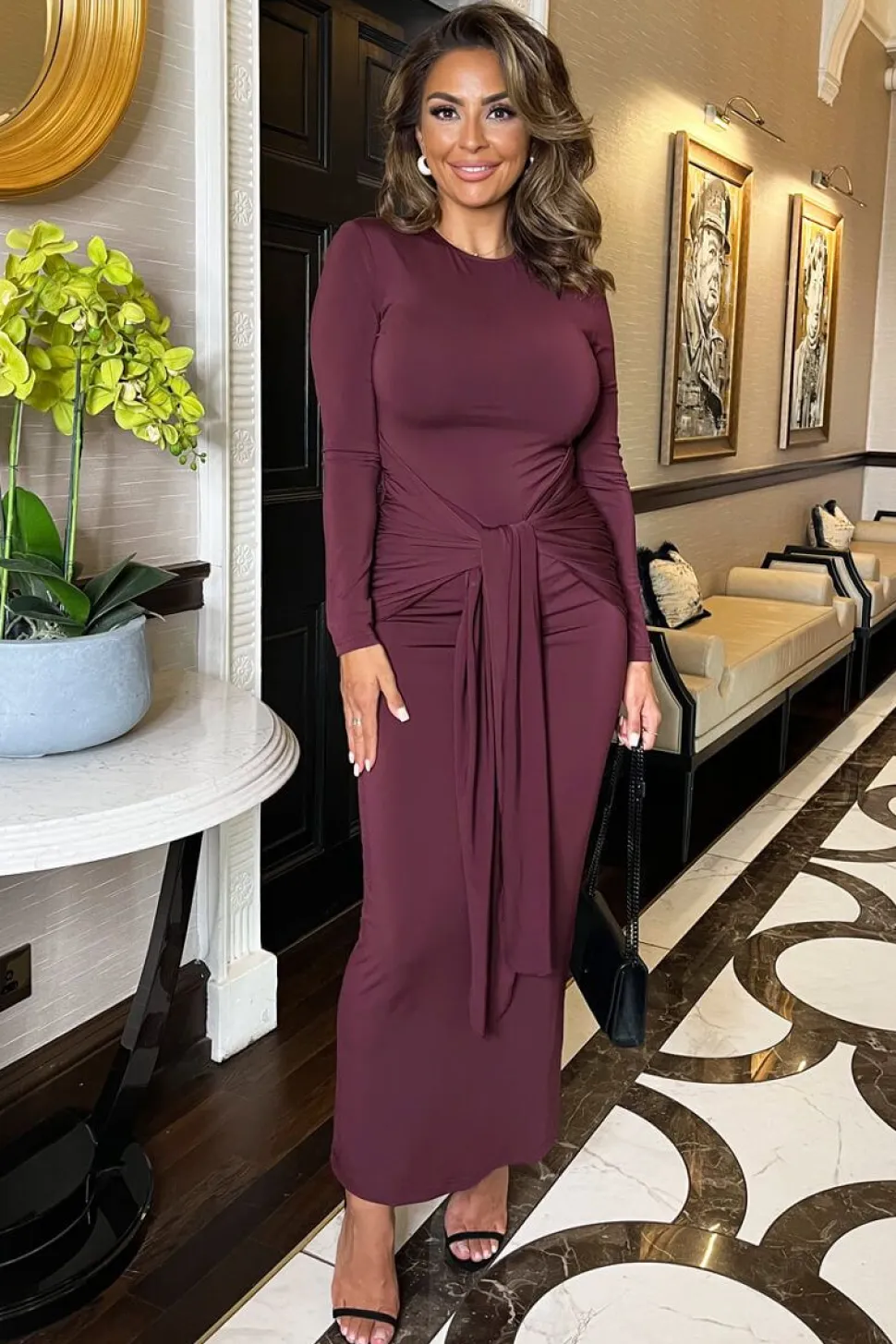 Long Sleeve Sash Bodycon Midi Dress