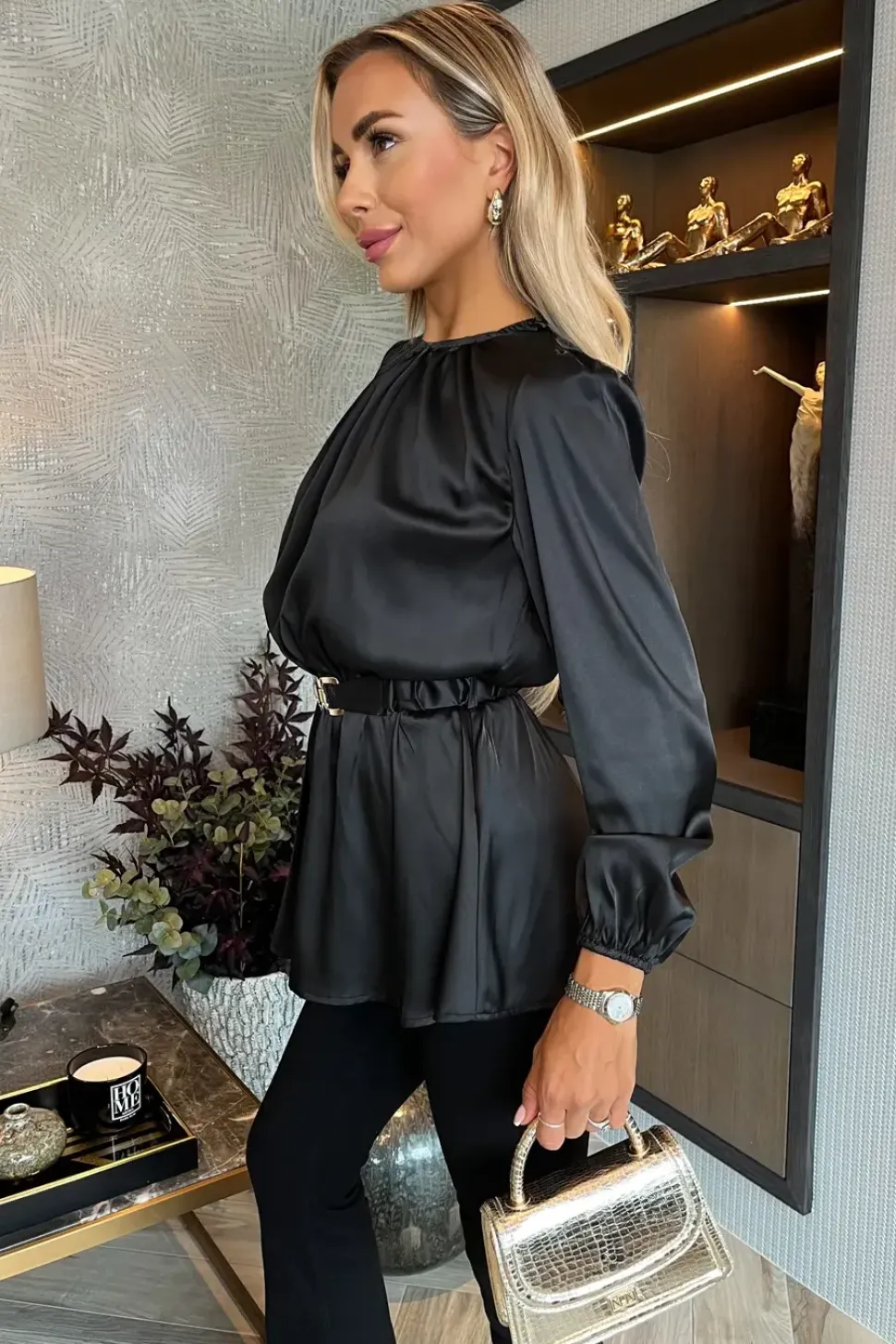 Long Sleeve Satin Belted Top