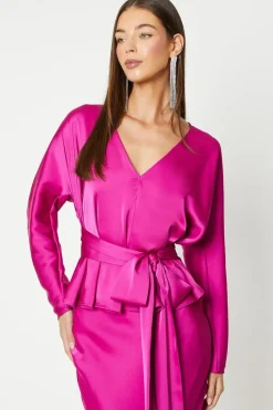 Long Sleeve Satin Top With Tie Detail