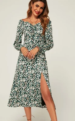 Long Sleeves Floral Mini Midi Dress In Black Floral