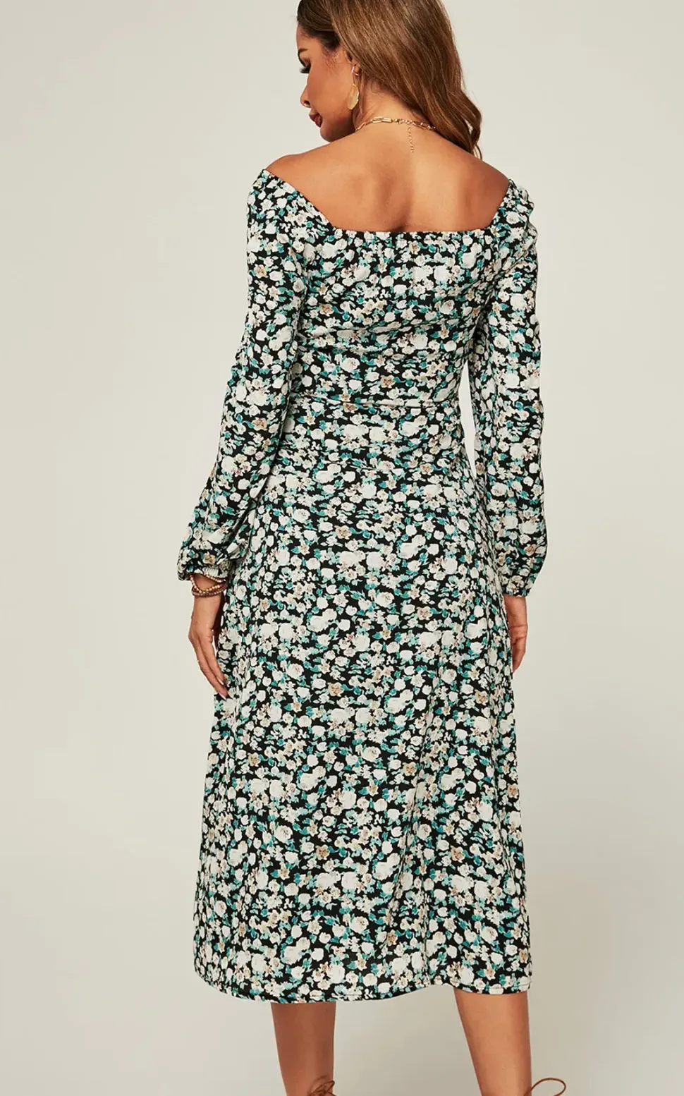 Long Sleeves Floral Mini Midi Dress In Black Floral