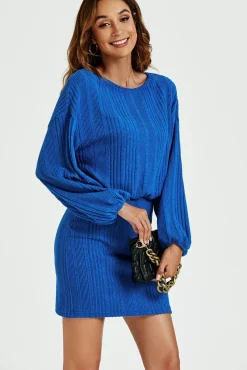 Long Sleeves Knit Mini Dress In Blue