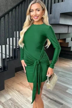 Long Sleeve Slinky Bodycon Mini Dress with Front Sash