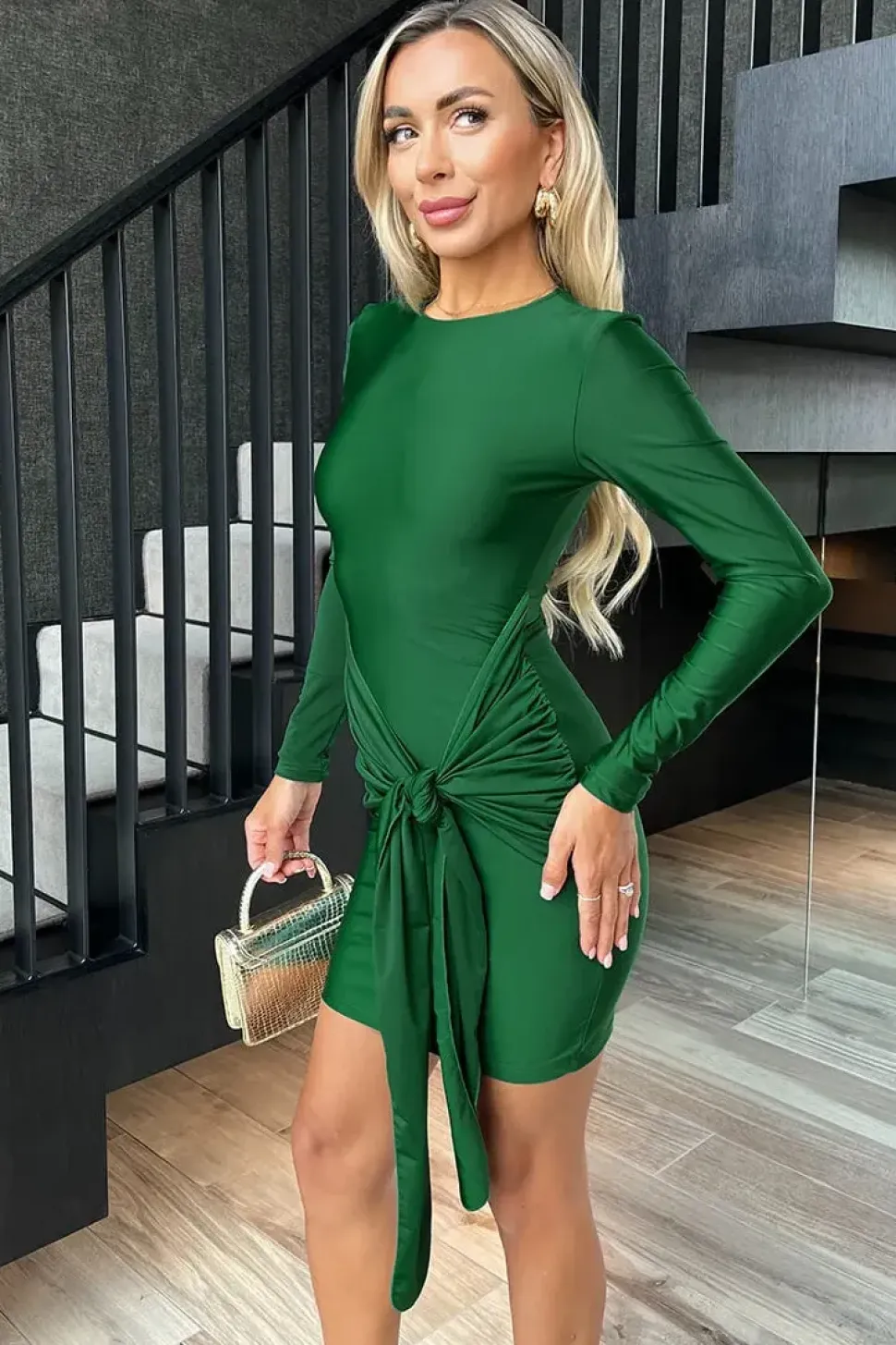 Long Sleeve Slinky Bodycon Mini Dress with Front Sash