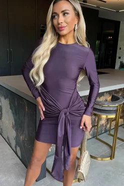 Long Sleeve Slinky Bodycon Mini Dress with Front Sash