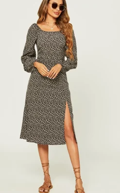 Long Sleeve Slip Leg Elasticated Detail Midi Dress In Black Flora Print