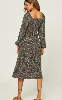 Long Sleeve Slip Leg Elasticated Detail Midi Dress In Black Flora Print