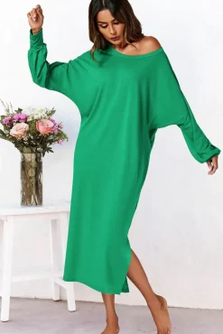 Long Sleeves Scoop Neckline Slit Hem Midi Dress In Green