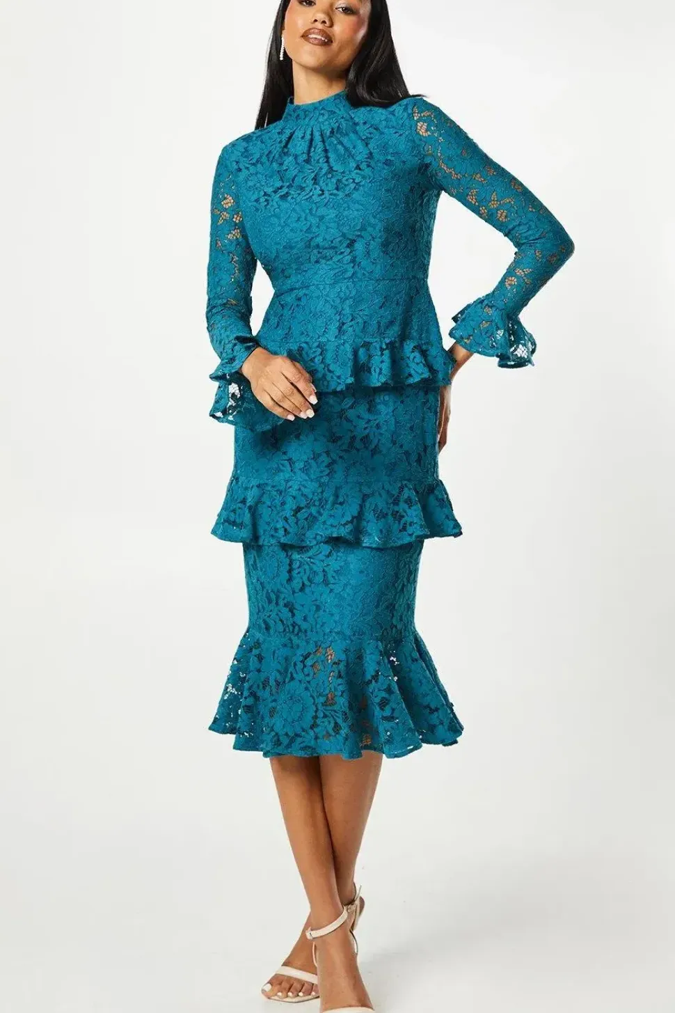 Long Sleeve Tiered Ruffle Lace Midi Dress