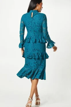 Long Sleeve Tiered Ruffle Lace Midi Dress