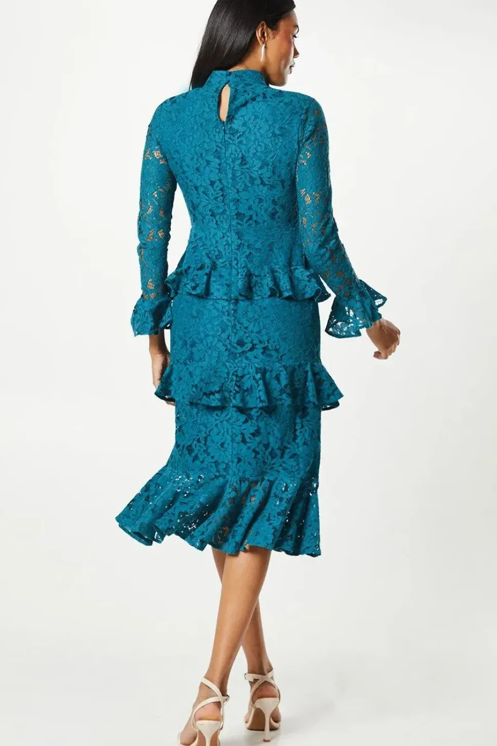 Long Sleeve Tiered Ruffle Lace Midi Dress