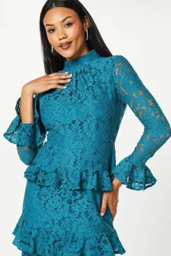 Long Sleeve Tiered Ruffle Lace Midi Dress