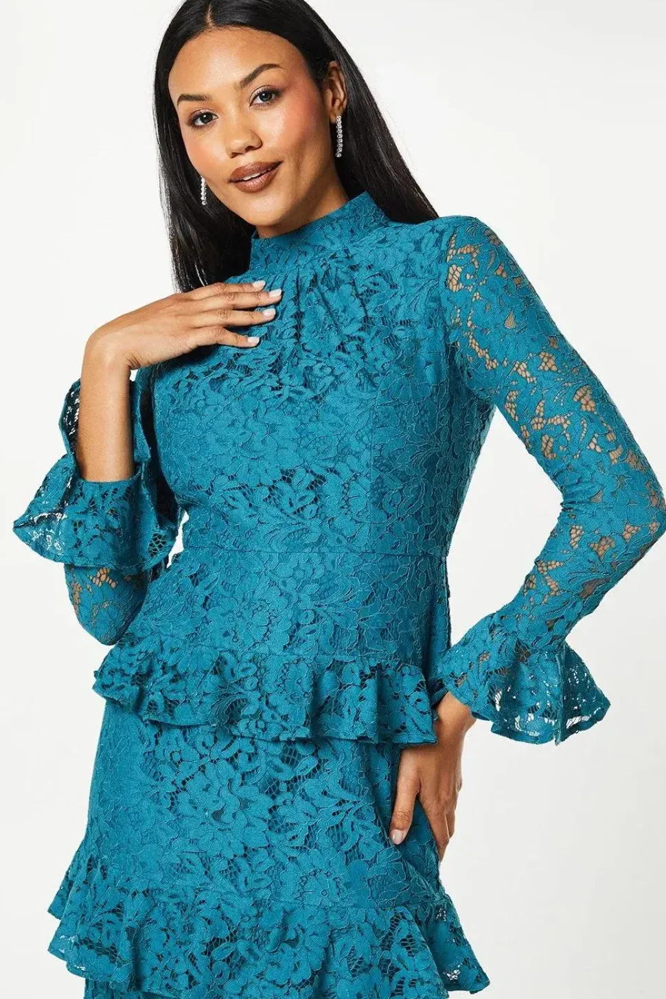 Long Sleeve Tiered Ruffle Lace Midi Dress