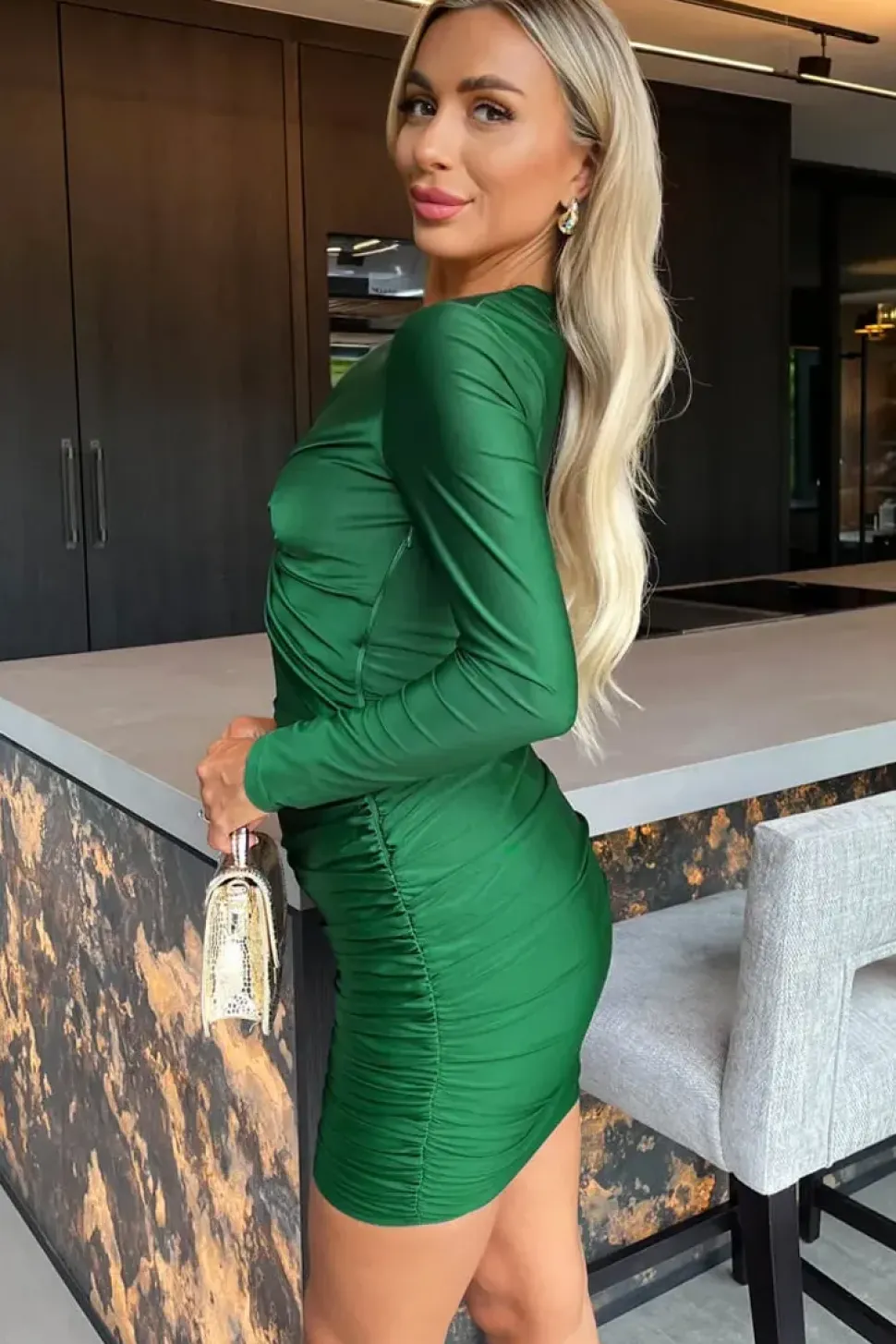 Long Sleeve V Neck Knot Detail Cut Out Ruched Mini Dress