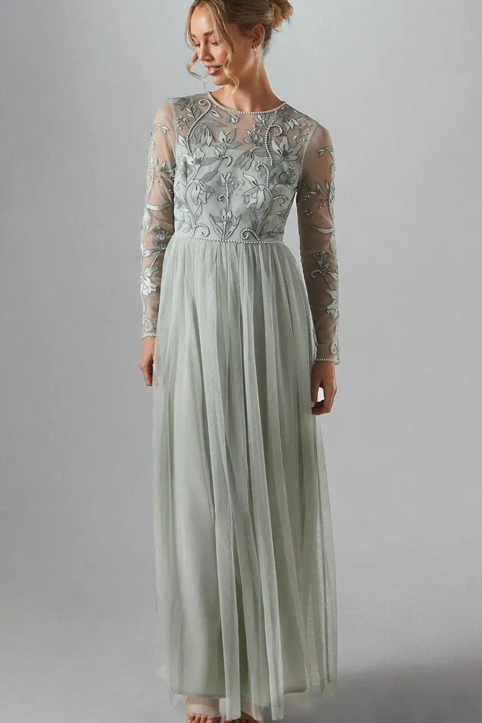 Long Sleeve Winter Floral Tulle Skirt Bridesmaid Maxi Dress
