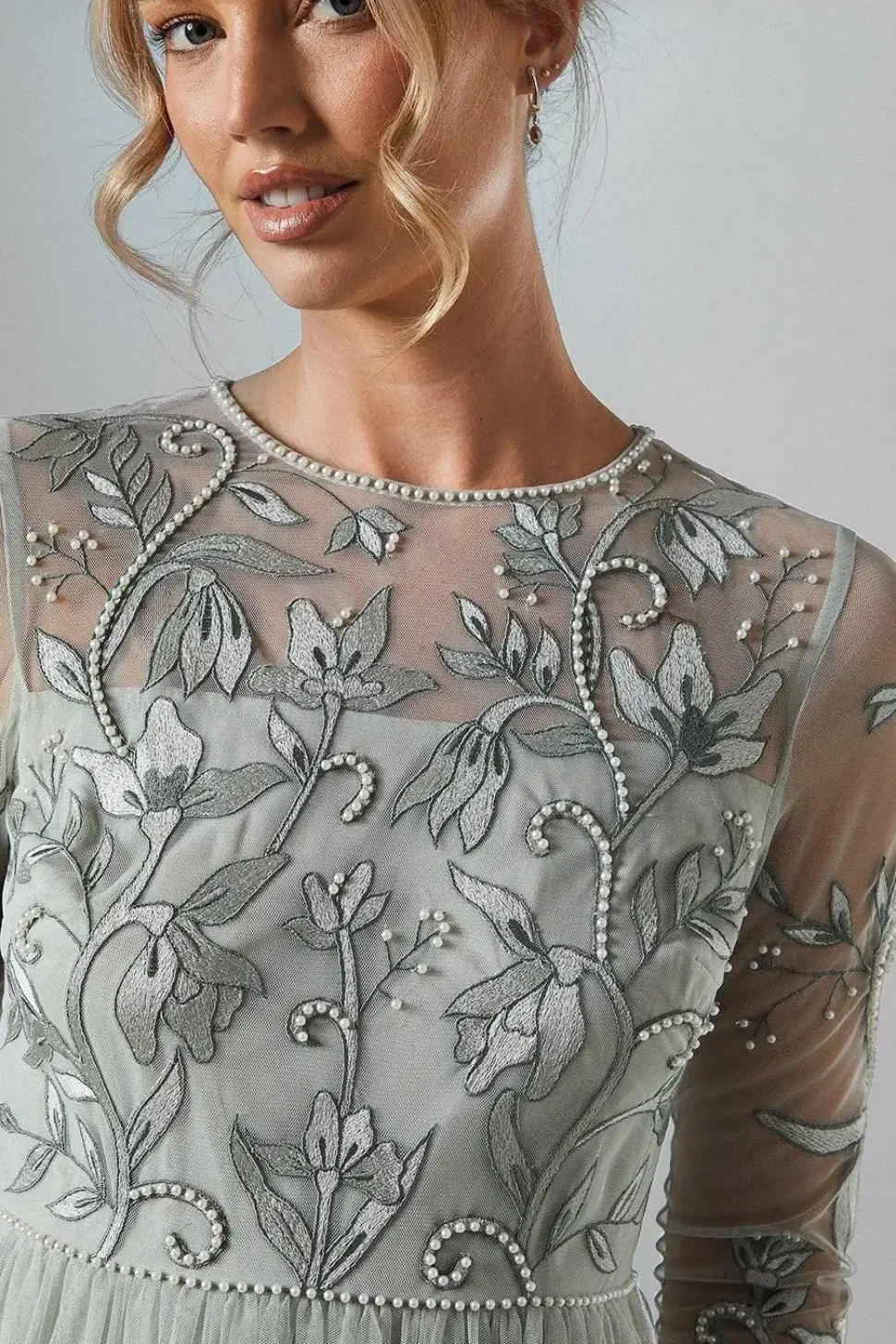 Long Sleeve Winter Floral Tulle Skirt Bridesmaid Maxi Dress