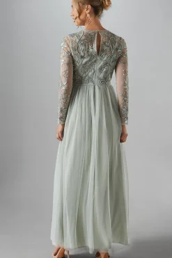Long Sleeve Winter Floral Tulle Skirt Bridesmaid Maxi Dress