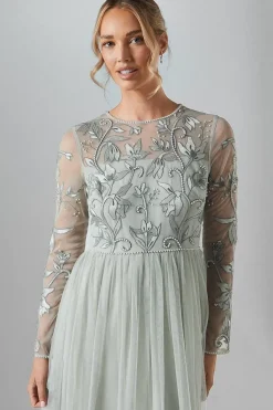 Long Sleeve Winter Floral Tulle Skirt Bridesmaid Maxi Dress