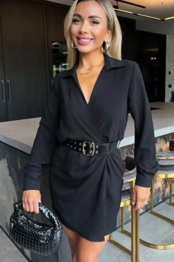 Long Sleeve Wrap Belted Mini Dress