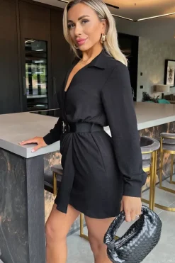 Long Sleeve Wrap Belted Mini Dress