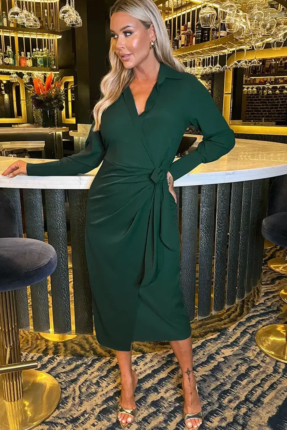 Long Sleeve Wrap Shirt-Style Midi Dress