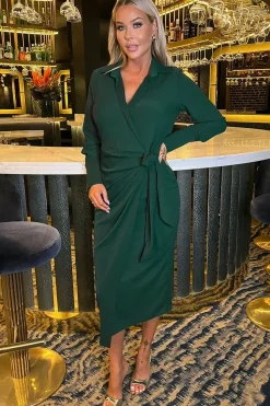 Long Sleeve Wrap Shirt-Style Midi Dress