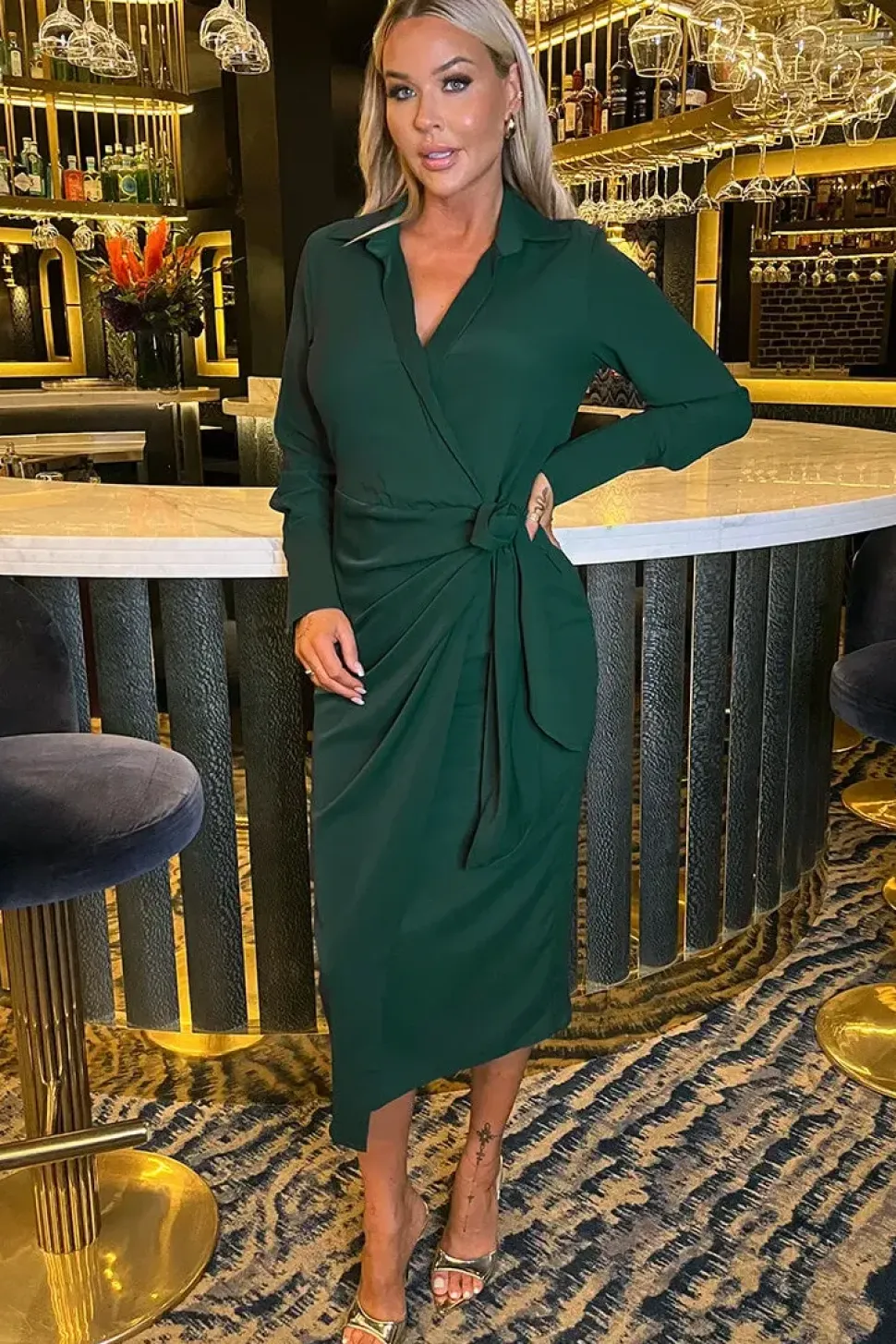 Long Sleeve Wrap Shirt-Style Midi Dress