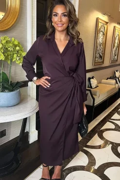 Long Sleeve Wrap Shirt-Style Midi Dress