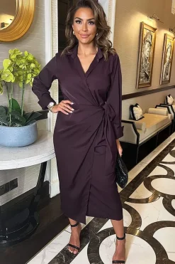 Long Sleeve Wrap Shirt-Style Midi Dress