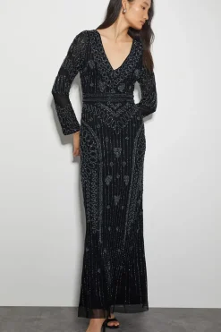Lorelai Beaded Long Sleeve Maxi Dress Black