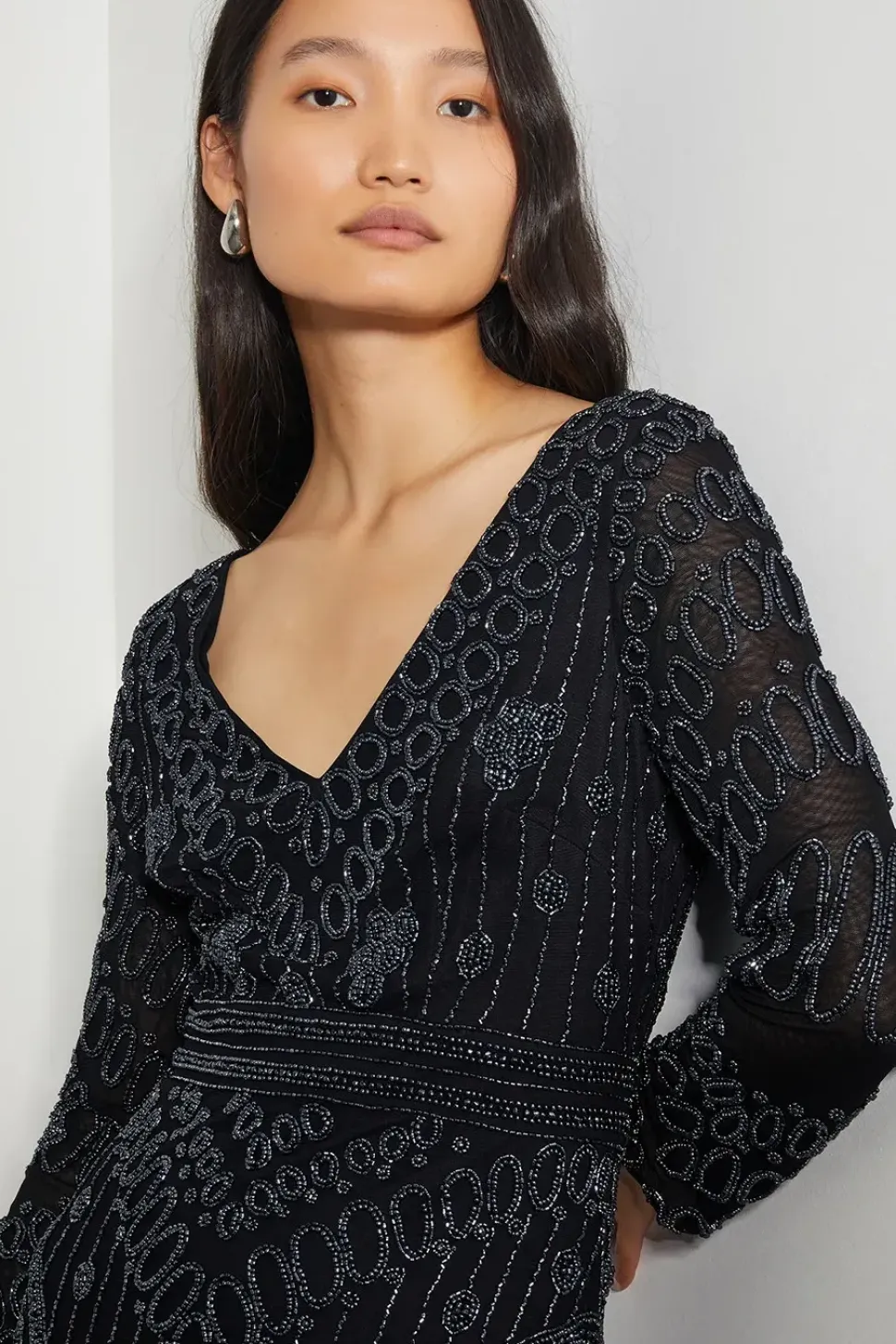 Lorelai Beaded Long Sleeve Maxi Dress Black