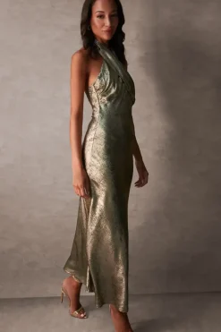 Luxe Gold Twist Halter Neck Maxi Dress