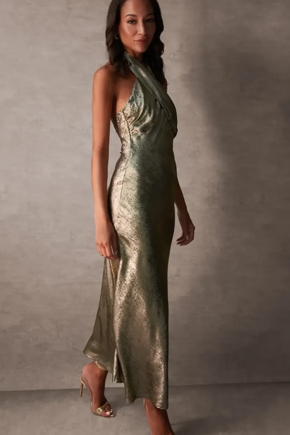 Luxe Gold Twist Halter Neck Maxi Dress