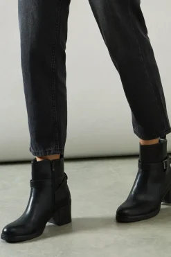 Madisyn Faux Leather Buckle Detail Mid Block Heel Ankle Boots