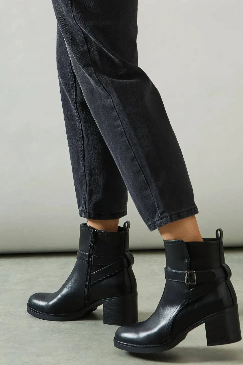Madisyn Faux Leather Buckle Detail Mid Block Heel Ankle Boots