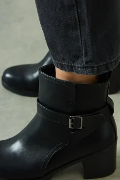 Madisyn Faux Leather Buckle Detail Mid Block Heel Ankle Boots