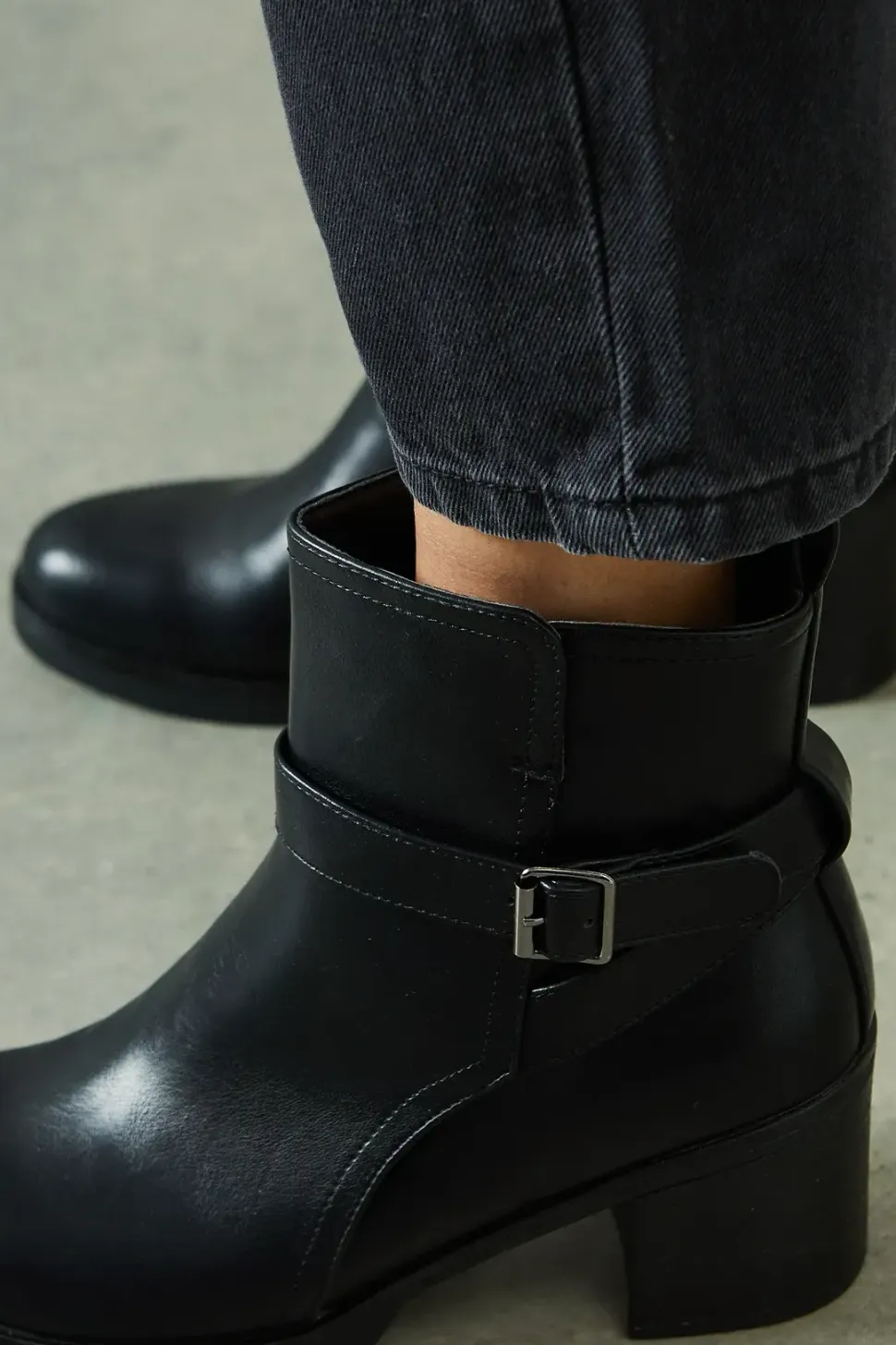 Madisyn Faux Leather Buckle Detail Mid Block Heel Ankle Boots