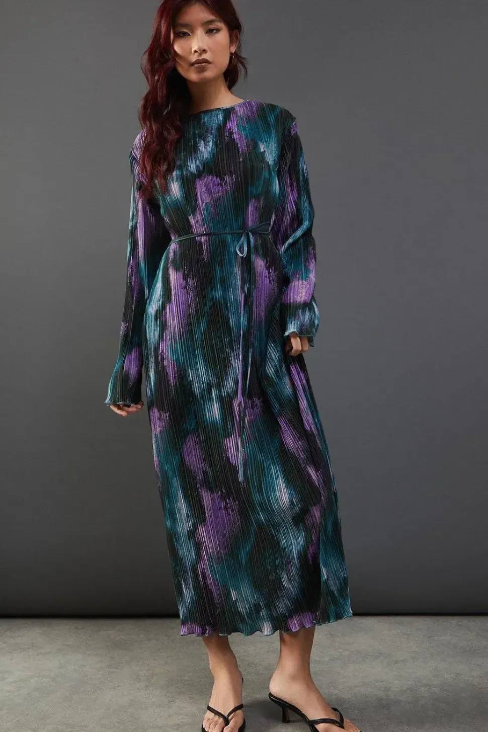 Marble Plisse Belted Column Midi Dress