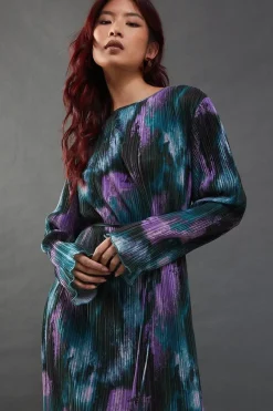 Marble Plisse Belted Column Midi Dress
