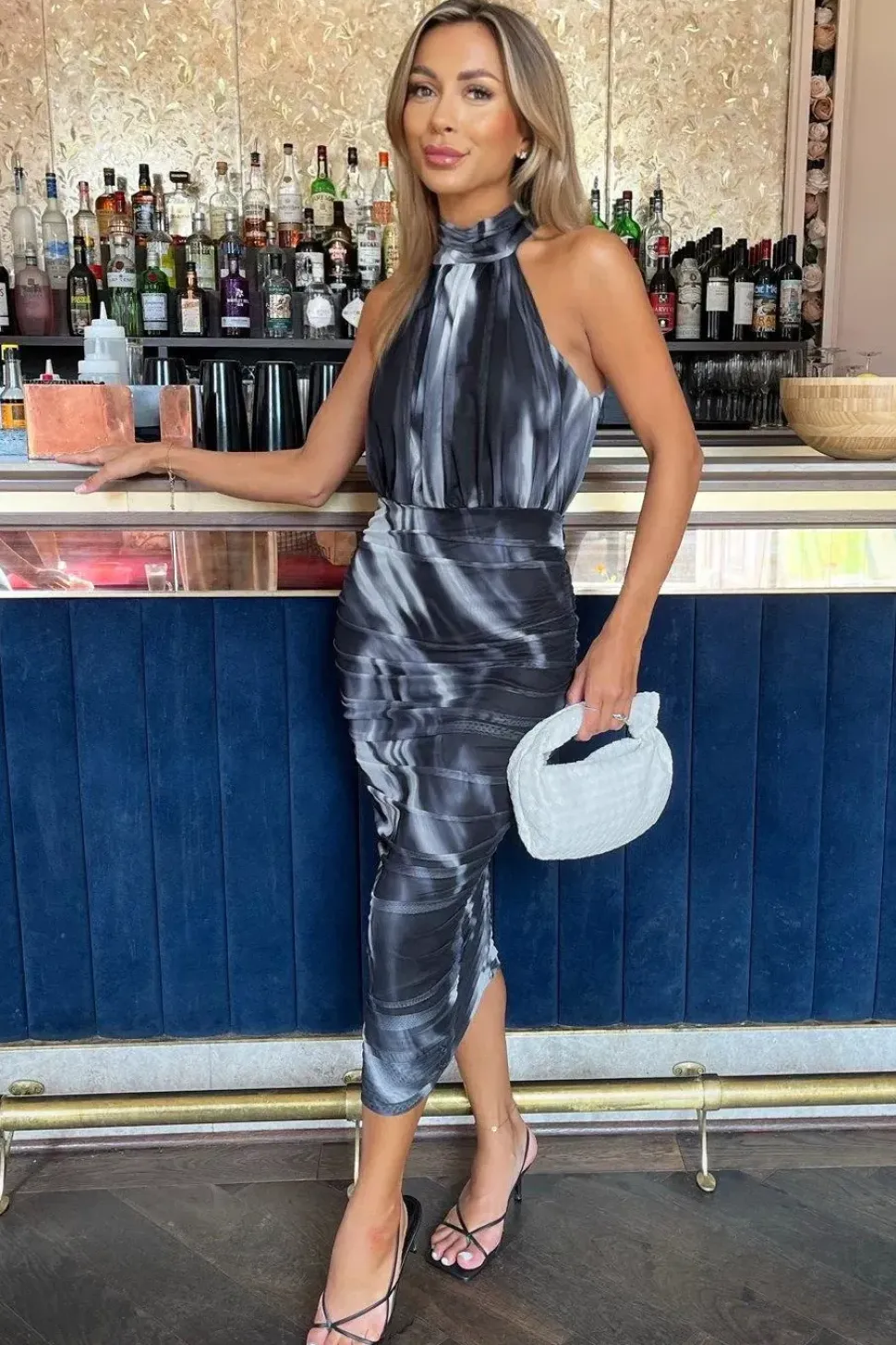 Marble Print Halter Neck Ruched Mesh Midi Dress