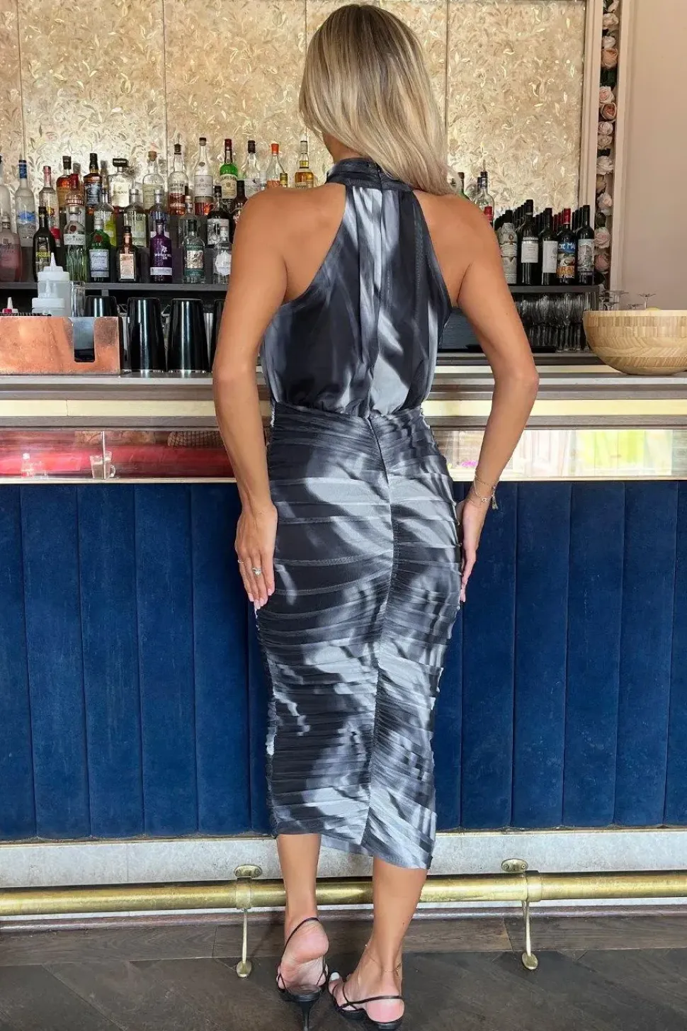 Marble Print Halter Neck Ruched Mesh Midi Dress
