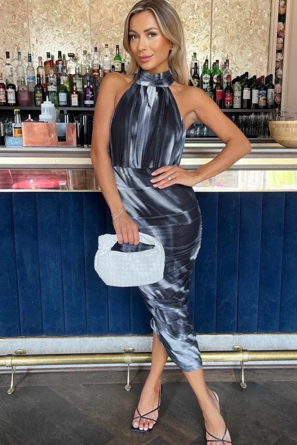 Marble Print Halter Neck Ruched Mesh Midi Dress