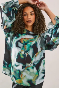 Marble Print High Neck Frill Detail Blouse