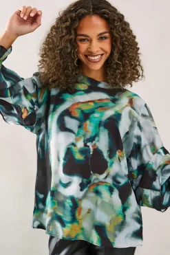Marble Print High Neck Frill Detail Blouse