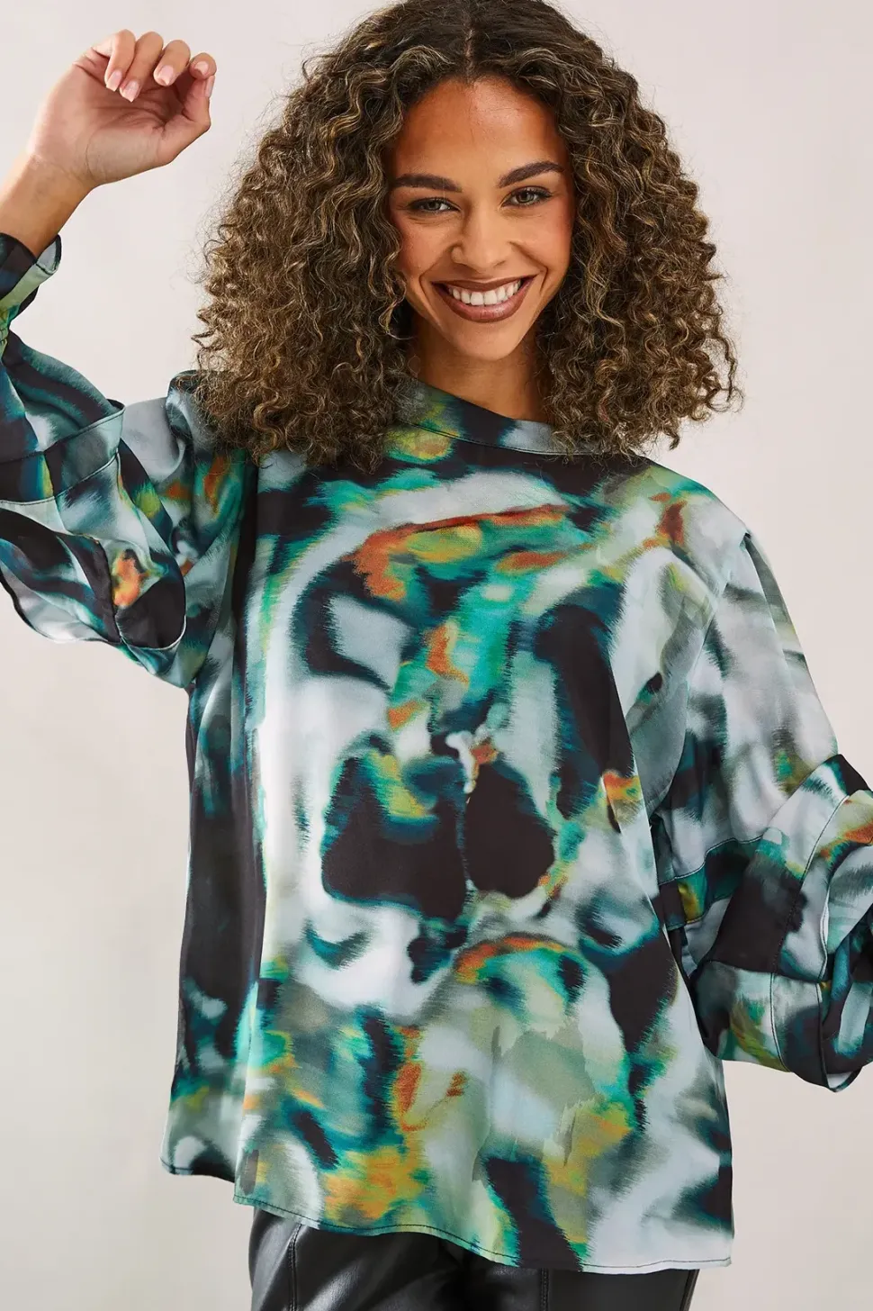 Marble Print High Neck Frill Detail Blouse