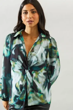 Marble Print Knot Detail Collared Blouse