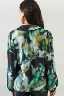 Marble Print Knot Detail Collared Blouse