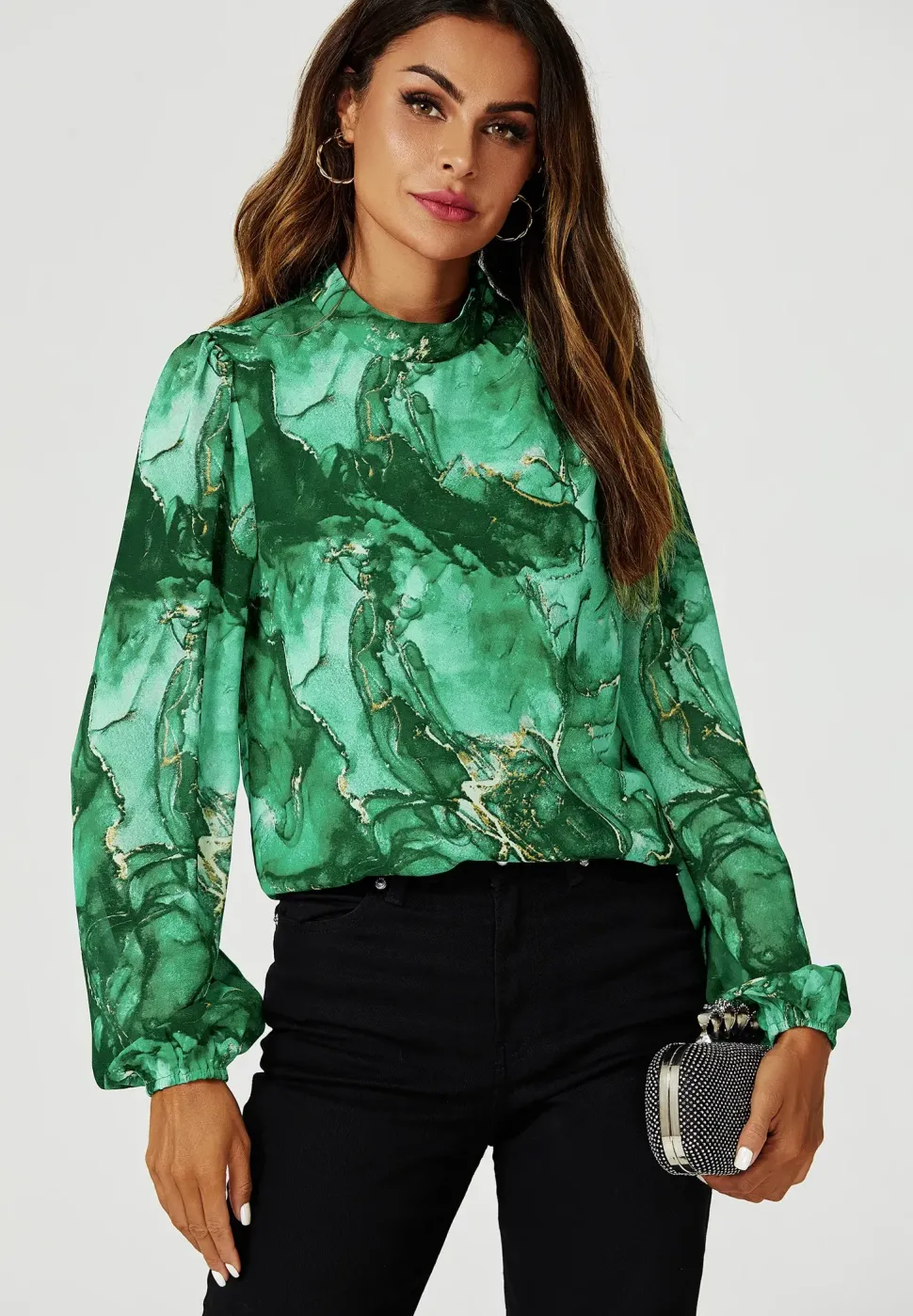 Marble Print Long Sleeve High Neck Top